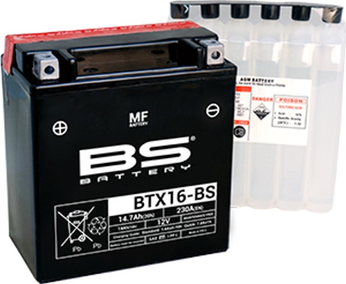 AKUMULATOR / BATERIJA "BS" BTX16-BS (YTX16-BS) <br>* NAPON / KAPACITET / JAKOST: 12V /14,7AH /230A <br>* DIMENZIJE: 150x87x161 mm