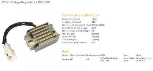 REGULATOR NAPONA DZE YAMAHA YFZ 450 04-09, 12-13