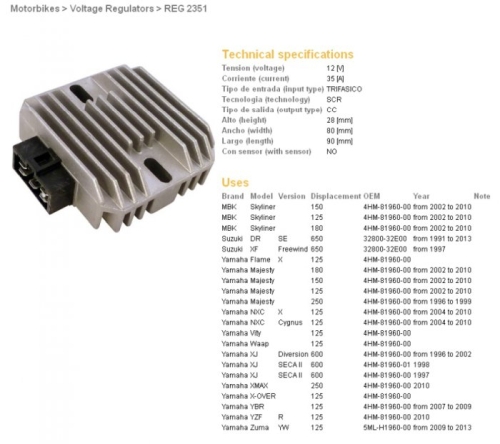 REGULATOR NAPONA DZE YAMAHA XJ600 DIVERSION 96-02, YBR125, YZF125R, MAJESTY 125/250