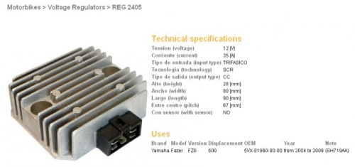 REGULATOR NAPONA DZE YAMAHA FZ6 04-09, 10-12 FZ6R, TDM850 93-01, 04-09 R6