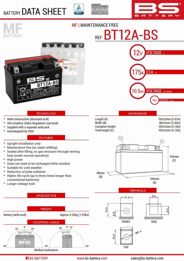 AKUMULATOR / BATERIJA BS BATERY BT12A-BS (YT12A-BS) <br> SPEC: 12V /10,5 AH /175 A <br> DIMENZIJE: 150x88x105 mm