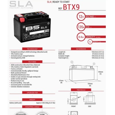 AKUMULATOR / BATERIJA BS BATERY BTX9 (YTX9-BS) <br> SPEC: 12V, 8AH, 135A <br> DOZVOLJEN NAGIB: 90° <br> DIMENZIJE: 150x87x105 MM
