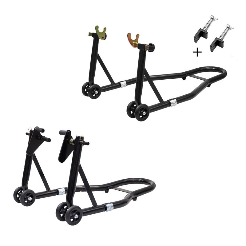 PODIZAČ / STALAK (ŠTENDER) ZA MOTOCIKL, SET PREDNJI + ZADNJI S PRIHVATOM TIP-L + TIP-V <br> BIKETEC: (BT007677RKPL)