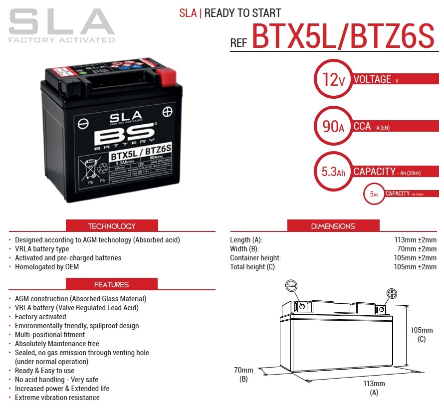 AKUMULATOR / BATERIJA BTX5L / BTZ6S (YTX5L-BS) TVORNIČKI AKTIVIRAN BEZ ODRŽAVANJA (AGM/SLA/VRLA TEHNOLOGY) <br> BS BATTERY: BTX5L