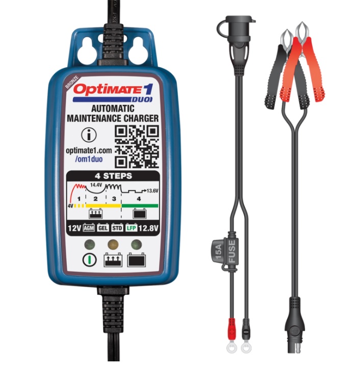 PUNJAČ ZA OLOVNE (AGM/GEL) I LITIJ (LiFePO4) BATERIJE/AKUMULATORE 12V/12.8V / 2-20 AH, ZA ATV/QUAD, MOTOCIKLE I SKUTERE <br> OPTIMATE 1 DUO: TM402-D