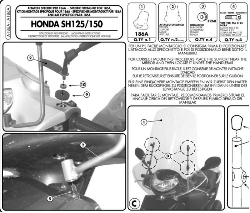 DRŽAČI / NOSAČI VJETROBRANA / VIZIRA GIVI (186A) ZA SKUTER HONDA SH 125-150 (2001-2004) GIVI: A186A