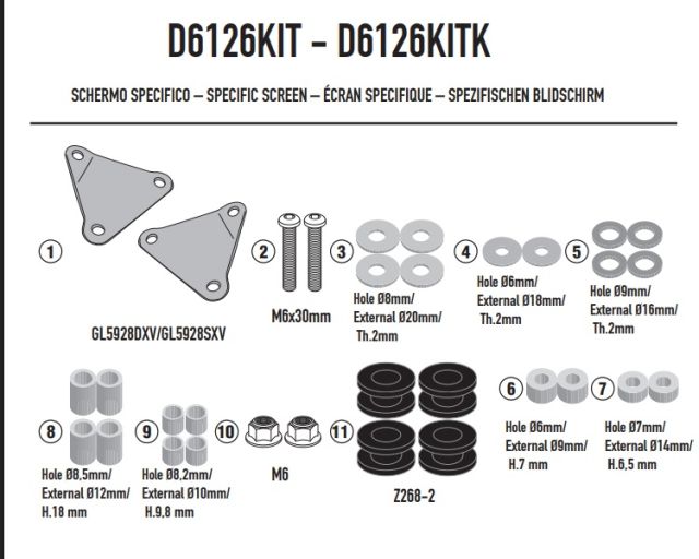 KIT ZA MONTAŽU VJETROBRANA / VIZIRA GIVI (6126DT) ZA SKUTER KYMCO DOWNTOVN 350 GT 2024-2025 <br> (D6126KIT)